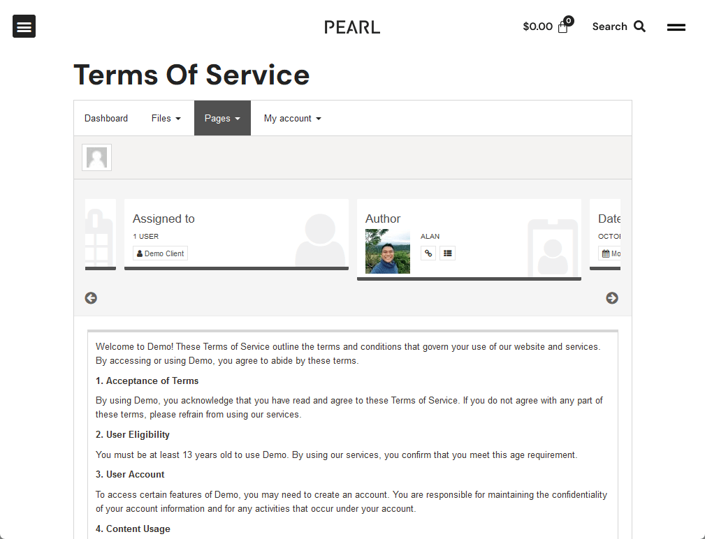 viewing the private page from the demo clientโs perspective
