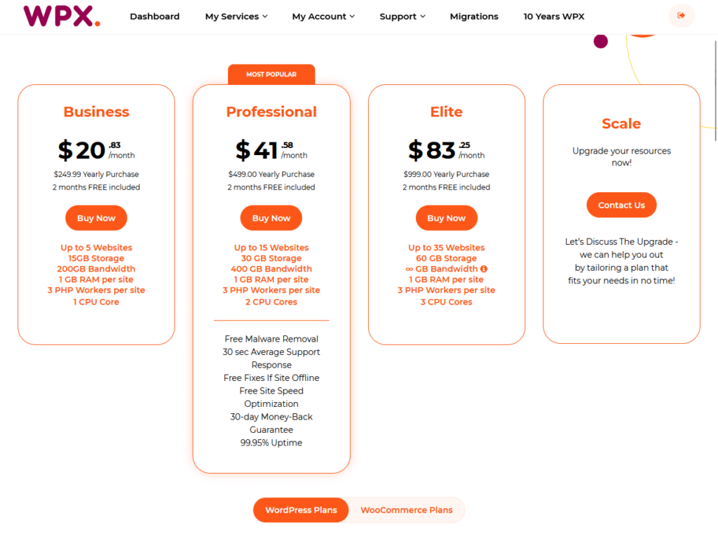wpx wordpress hosting pricing plans